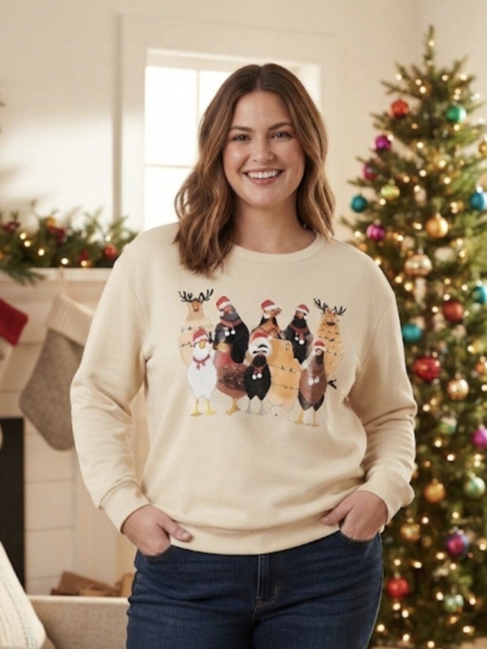 Holiday Chicken Graphic Sweatshirt Christmas Sweater Women’s Size 0XL (Plus)